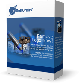 Box for SoftOrbits 'Remove Logo Now!' software, blue packaging with logo and camera imagery, signaling a tool to remove logos from photos.
