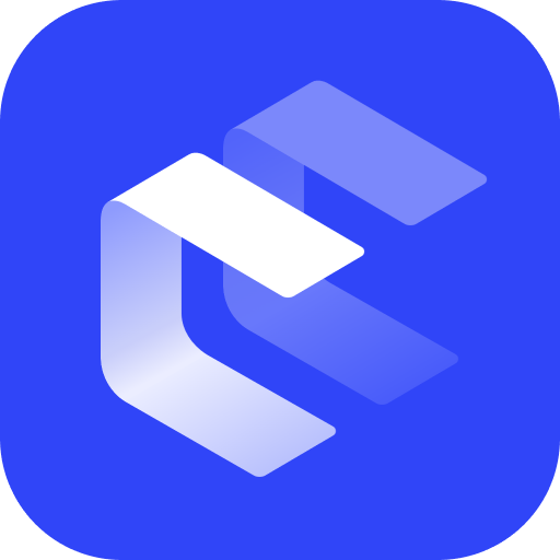 App icon with a white and light-blue ribbon forming a 3D geometric shape on a blue background.
