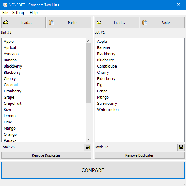 Software window with two side-by-side lists for comparison; List 1 and List 2 contain fruit names like Apple, Banana, Blackberry, Blueberry, etc.