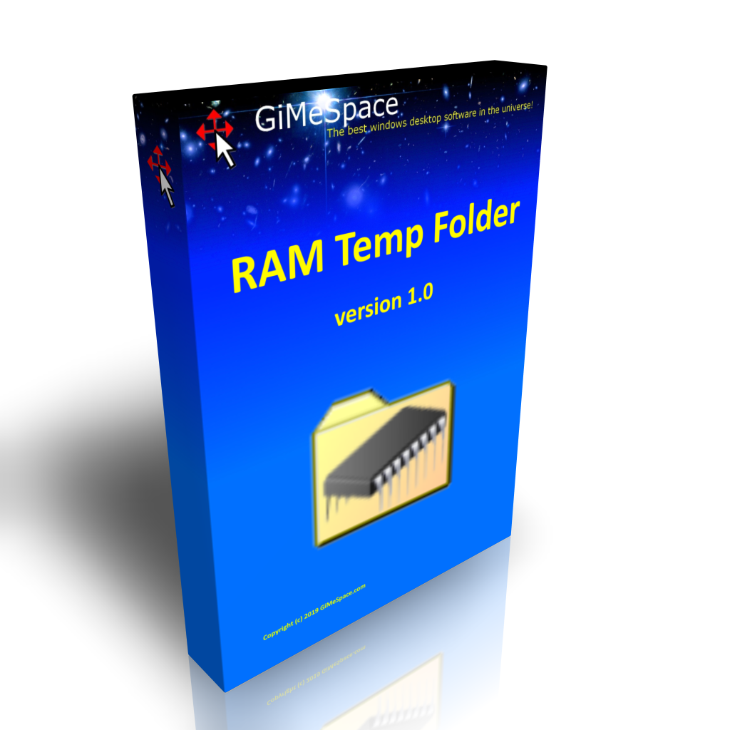 3D-rendered software box titled RAM Temp Folder version 1.0 from GiMeSpace, blue gradient with a memory icon on the front wall.