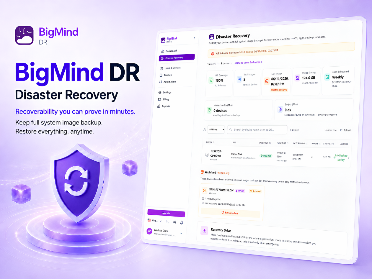 BigMind DR Disaster Recovery promo with a purple shield graphic and a tilted dashboard UI on the right side, highlighting backup and recovery features.